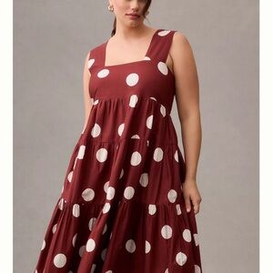 Red and White Midi Sundress with Square Neck